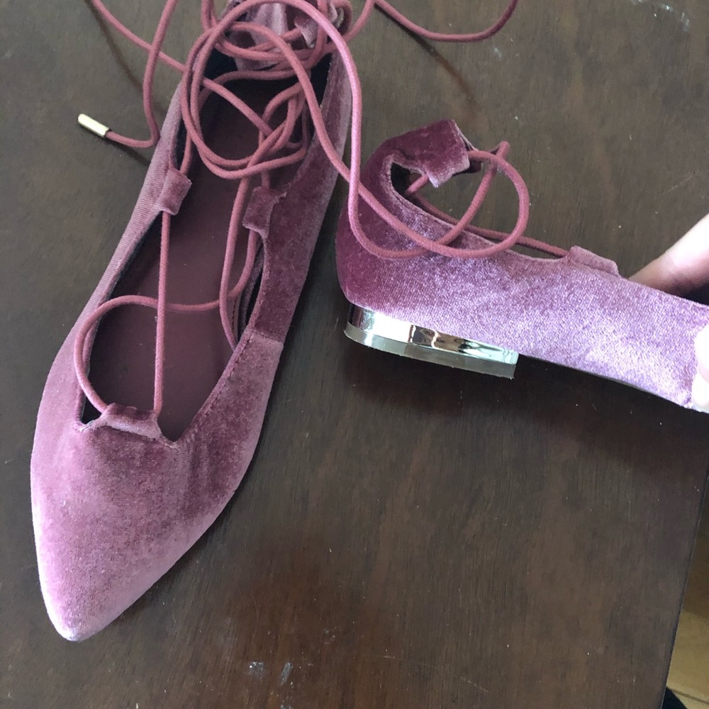 Dusty pink velvet lace up flat with gold heel
